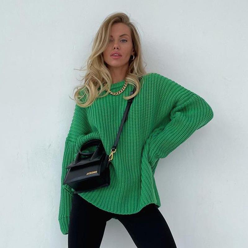 Women European American Style Knit Sweater Autumn Winter Loose Crew Neck Solid Color Long Sleeve Lazy Knit Outerwear