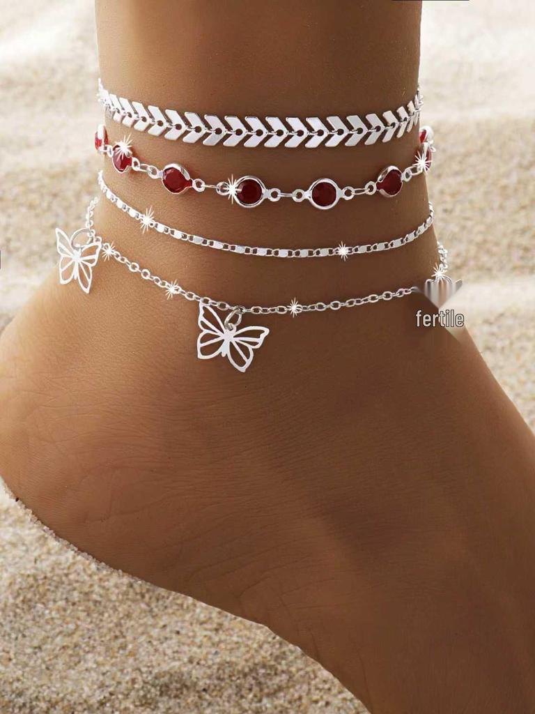 European & American Multi-Layer Crystal Chain Butterfly Anklet - Beach Style Foot Jewelry