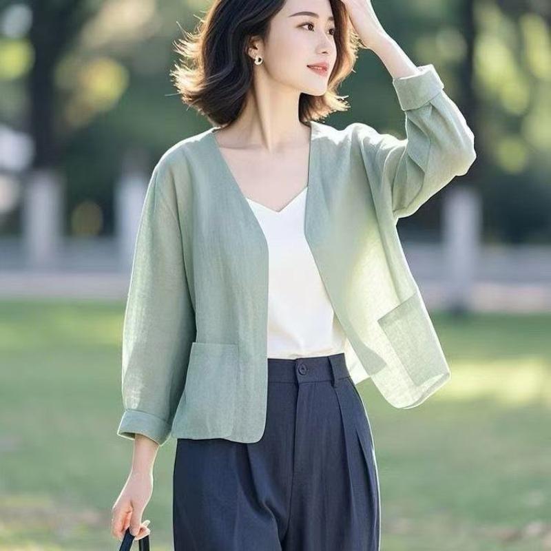 

light green linen open front three quarter sleeve casual cardigan jacket for women M
