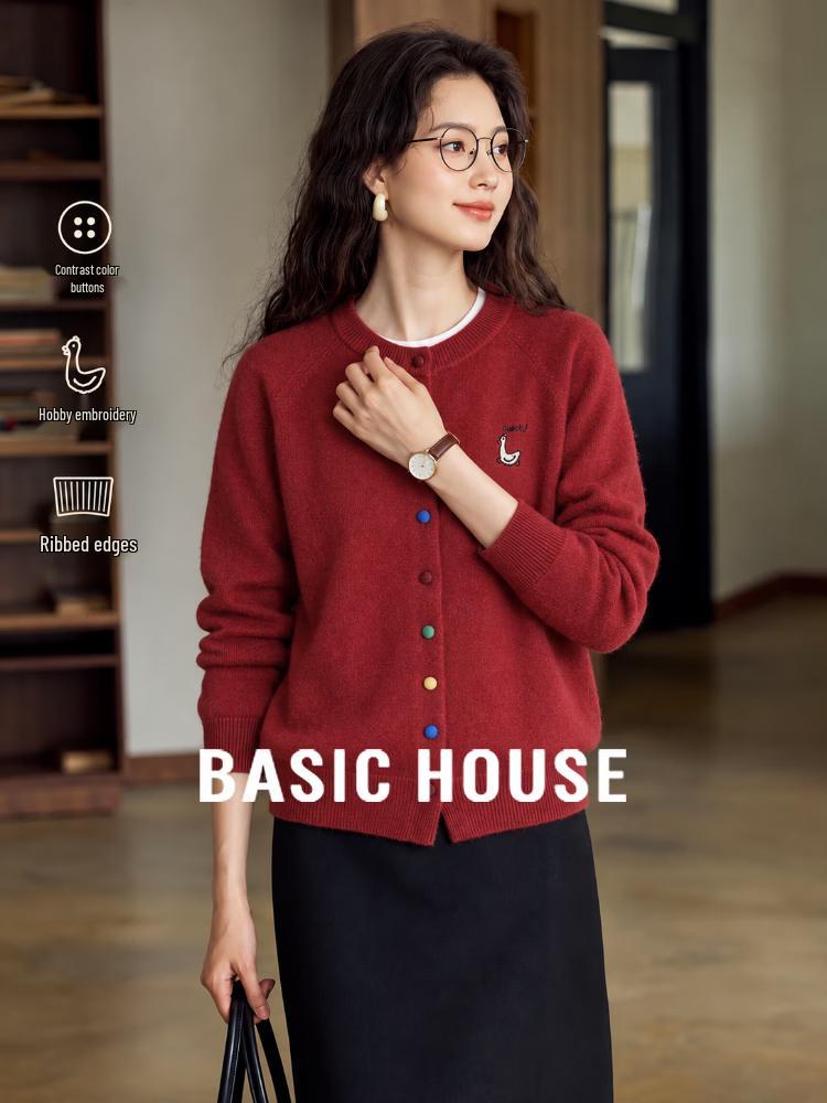 Basic House Women's Embroidered Crew Neck Cardigan