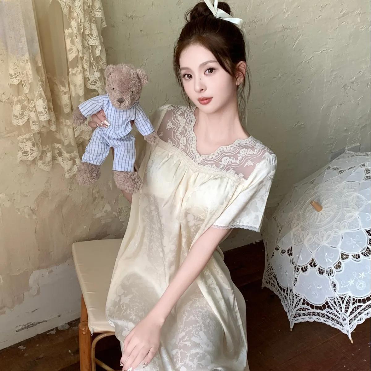 

Новая ночная рубашка на бретельках женская кружевная летняя шелковая печать высокого качества милая домашняя одежда 2XL