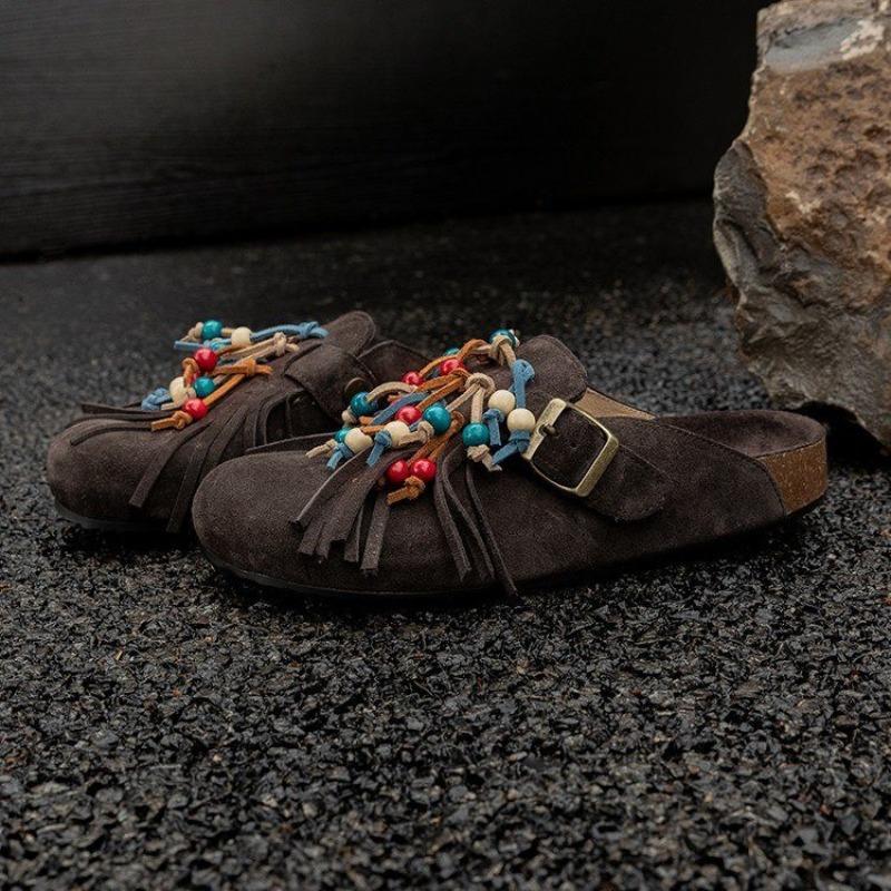 Fashion Autumn New Baotou Slippers Women's Fashion Round Head Deep Fringe Non-slip Wear-resistant Comfortable Flat Shoes