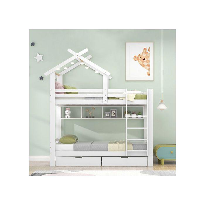 Etagenbett - MUVOE - 90x200cm - Weiß - Mit Schubladen und Regalen - Kindersicher