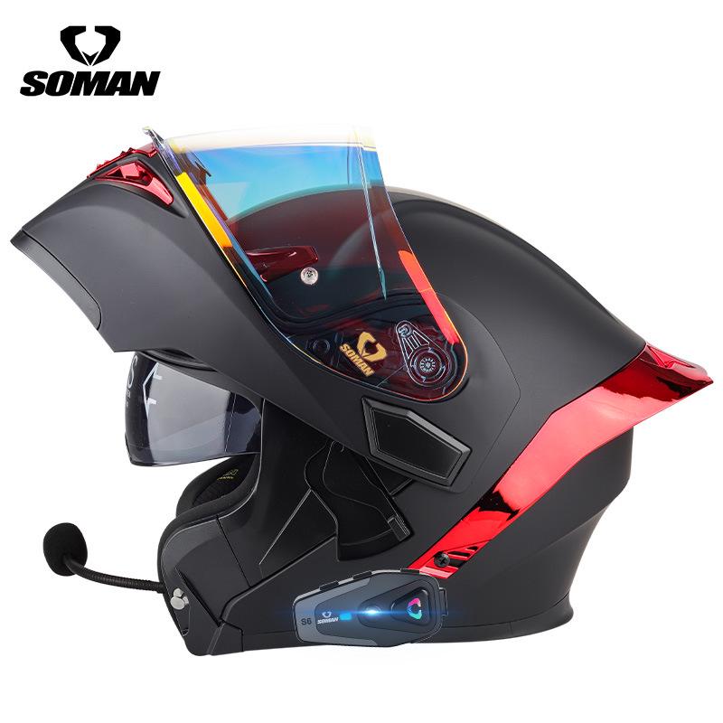 SOMAN Bluetooth Motorcycle Helmet with Double Lens and Flip-Up Design for All Seasons