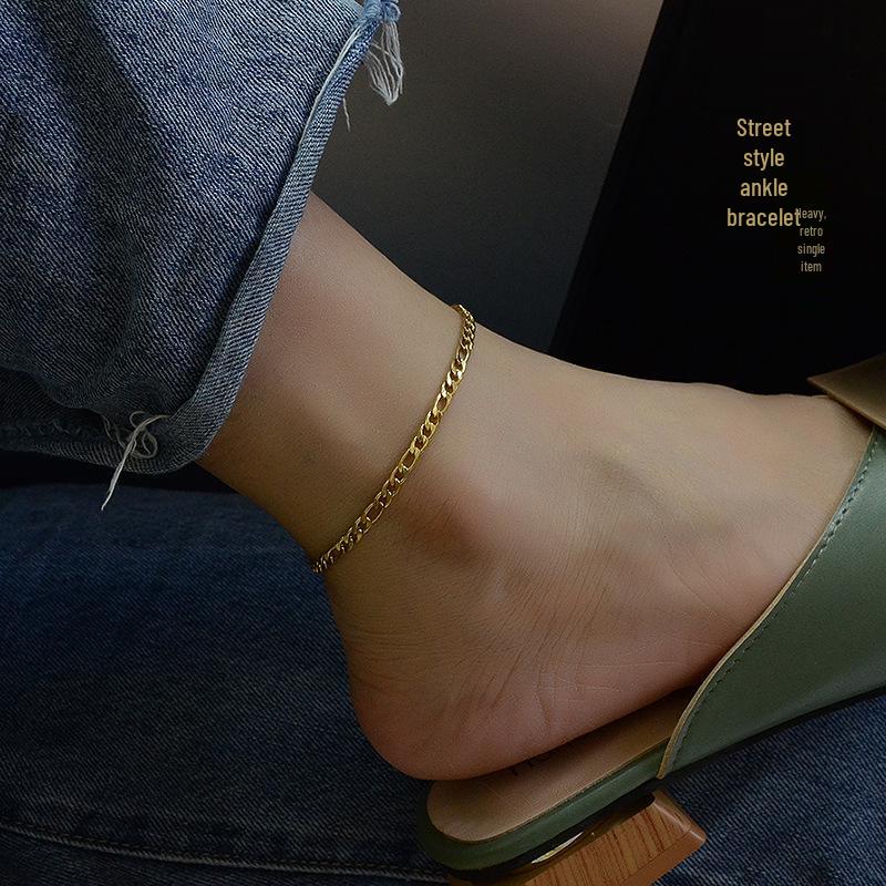 Trendy Retro Street Style Chain Anklet - Titanium Steel, Fashionable & Versatile S099