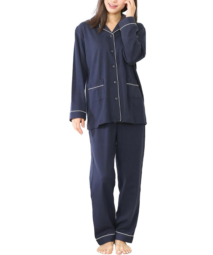ON NISHIKI Long Sleeve Open Smooth Top and Bottom Long Loungewear Women's Pajamas, Front, Spring/Autumn, 100% Cotton, Skin-Friendly Material, Stretch,
