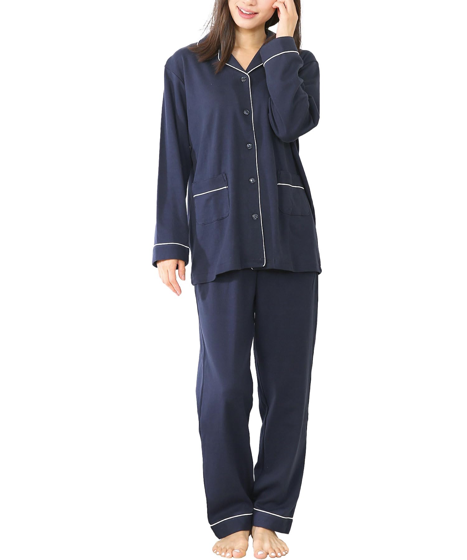 

ON NISHIKI С длинным рукавом Открытый Гладкий Верх и Низ Длинная Домашняя одежда Женская пижама, Спереди, Весна/Осень, 100% Хлопок, Материал, приятный к коже, Эластичный,