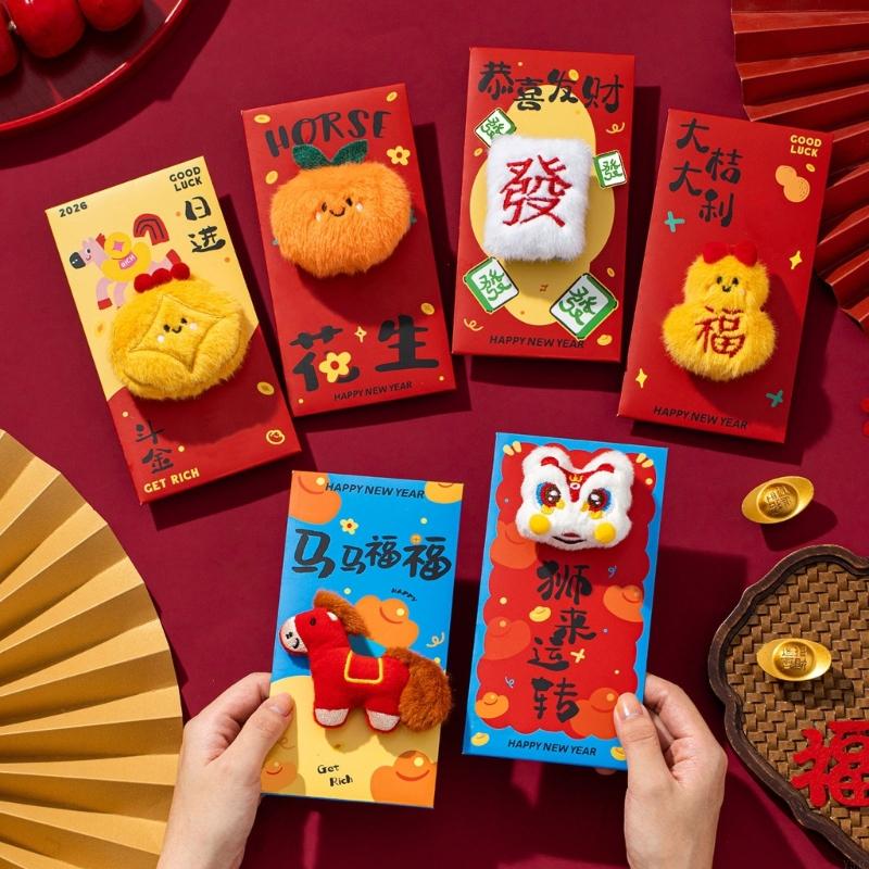 Y5JC Practical Plush Red Packet Cartoon Theme Red Envelope Money Holder for Spring Festival Family Gatherings