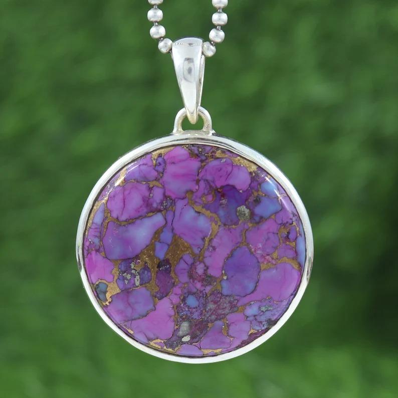 Purple Copper Turquoise Big Round Gemstone Pendant Necklace, Reiki Pendant, 925 Sterling Silver, Birthday Anniversary Gift