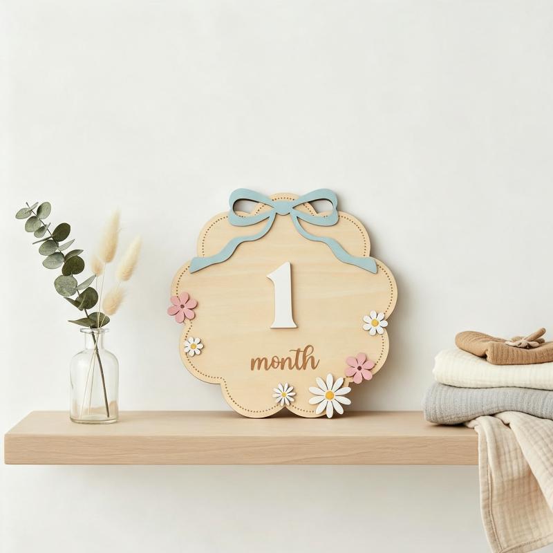Marqueurs de jalons mensuels pour bébé en bois non toxique, nœud rose, style floral, accessoires adorables pour photos de nouveau-né pour album souvenir