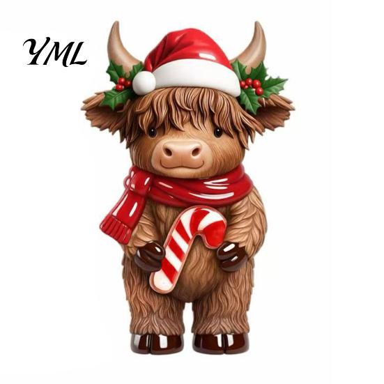 Decorative Highland Cattle Statue 2Pcs Christmas Cow Figurines, Resin Santa Reindeer Cow, with Hat, Seasonal Mantelpiece Ornaments Hot Cocoa,