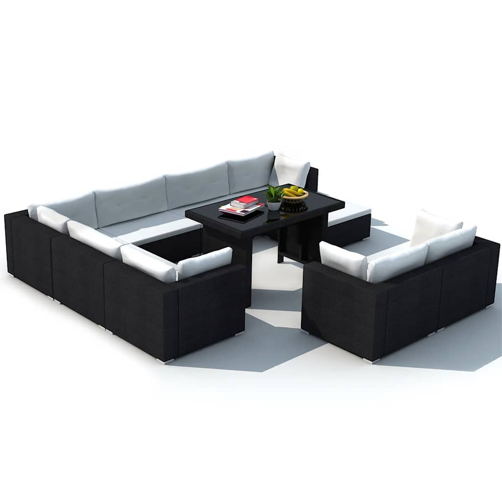 10 piece Garden Lounge Set with Cushions Poly Rattan Black
