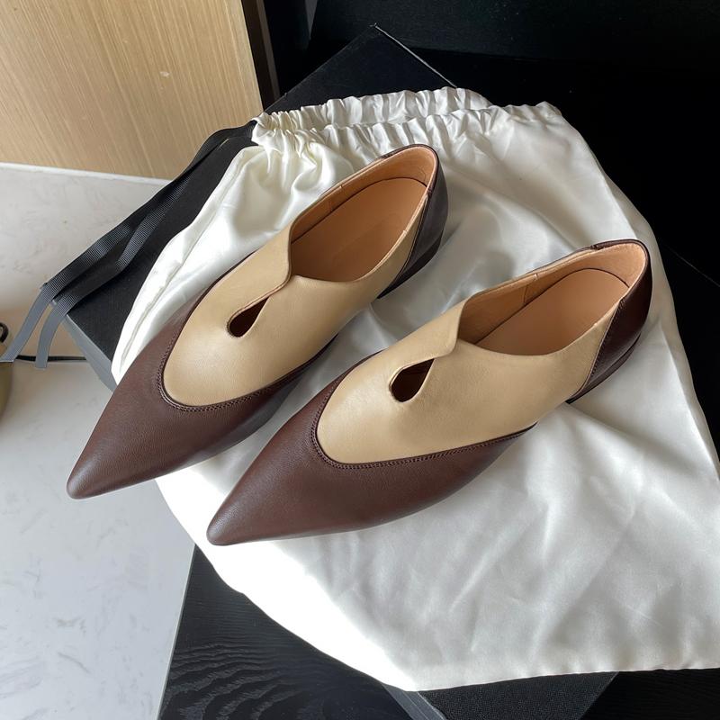 2024 Summer New Women Low Heel Pointed Toe Basic Casual Working Comfortable Flats Soft Genuine Leather Shoes Woman Concise