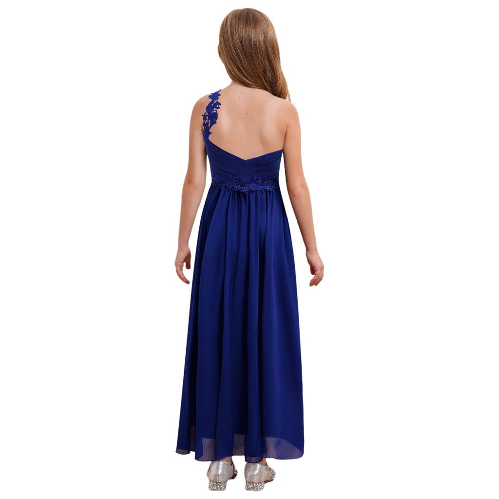 Girls Elegant One Shoulder Party Dress Guipure Lace Detail Flattering Ruched Chiffon Maxi Evening Dress