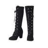 Stivali da Donna Medievali Vittoriani Al Ginocchio in Pelle Scamosciata Gotica con Tacco Chunky e Lacci Scarpe a Mezza Gamba Costume Cosplay