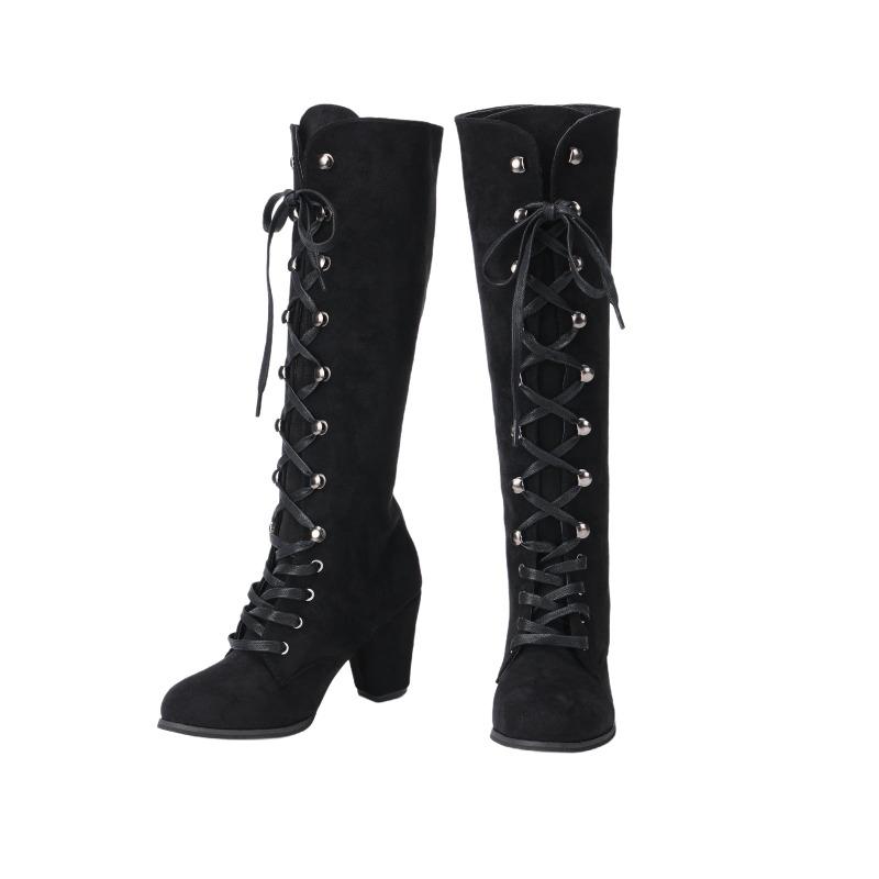 Stivali da Donna Medievali Vittoriani Al Ginocchio in Pelle Scamosciata Gotica con Tacco Chunky e Lacci Scarpe a Mezza Gamba Costume Cosplay