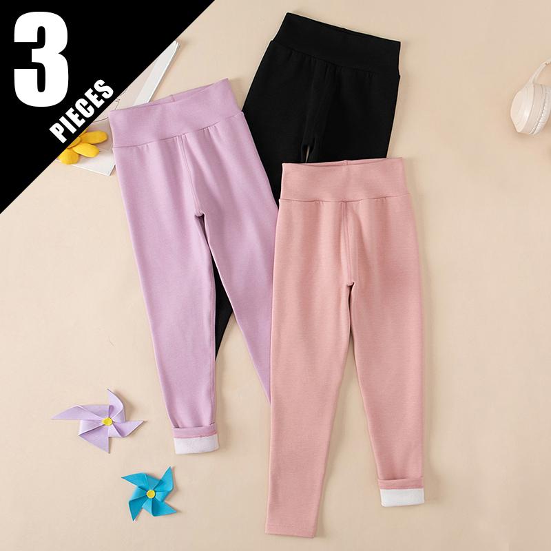 Autumn and Winter Children Solid Color Medium High Waist Thick Leggings Boys and Girls Fleece Warm Casual Pant