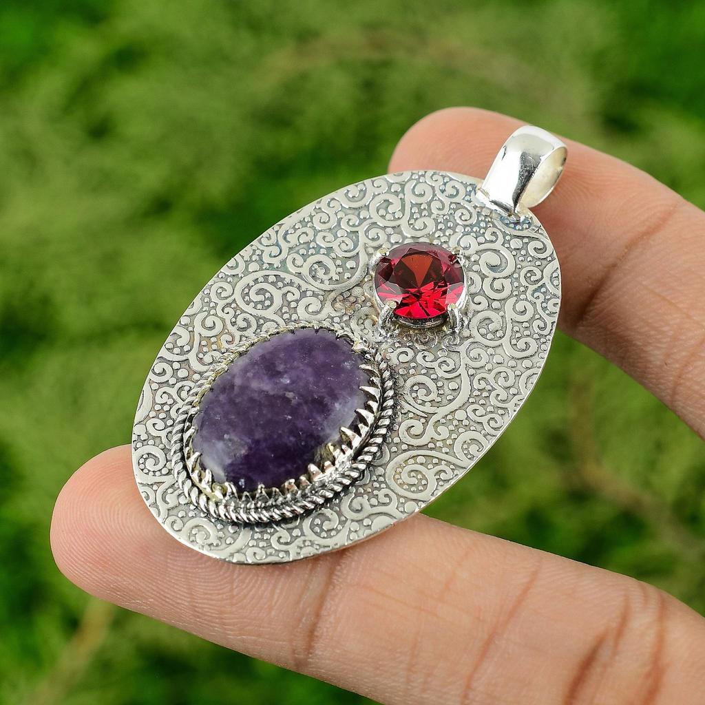 925 Sterling Silver Natural Lepidolite Rubellite Bezel Wedding Pendant Jewelry
