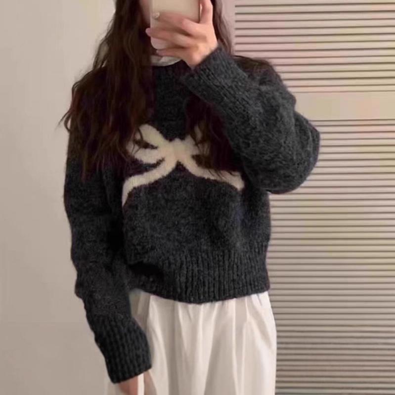 Sweter damski jesienno-zimowy z kokardą, z okrągłym dekoltem, pulower, bielizna wewnętrzna, mały, miękki, kleisty, bazowy, dzianinowy