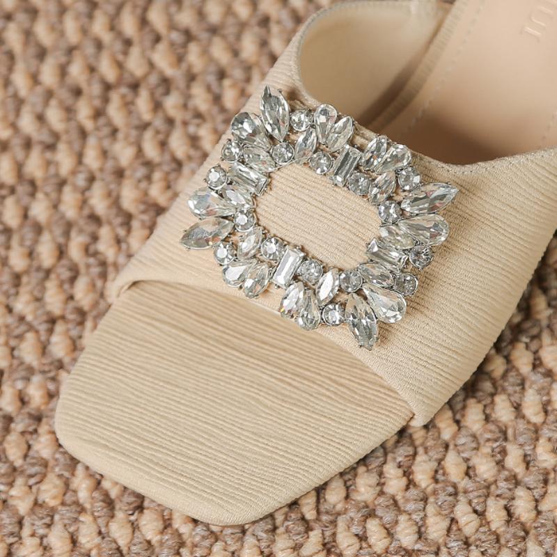 Half Slipper Sandals for Women Square Rhinestones Mules New Korean Fashion Peep Toe Women's Thick Heel Sandals Zapatos Mujer