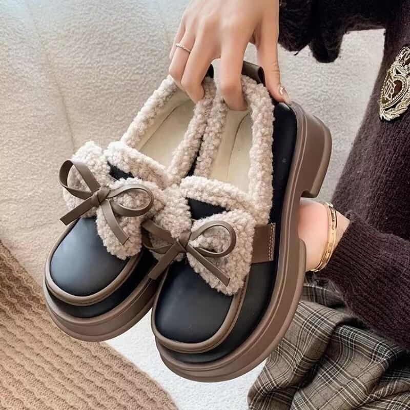 Height-increasing Velvet Small Leather Shoes Women's Winter New Bow Muffin Bottom Mary Jane Shoes Cotton Shoes