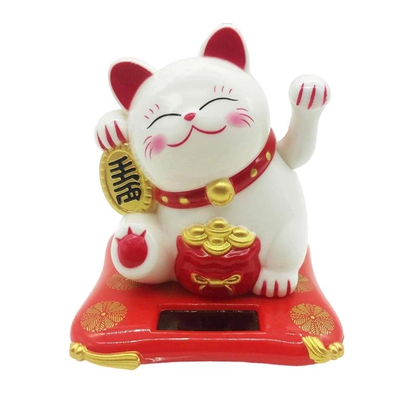 Lucky Fortune Cats Solar Energy Activated Moving Arm Vehicle Desktop Ornament Wealth Symbol Home Decoration