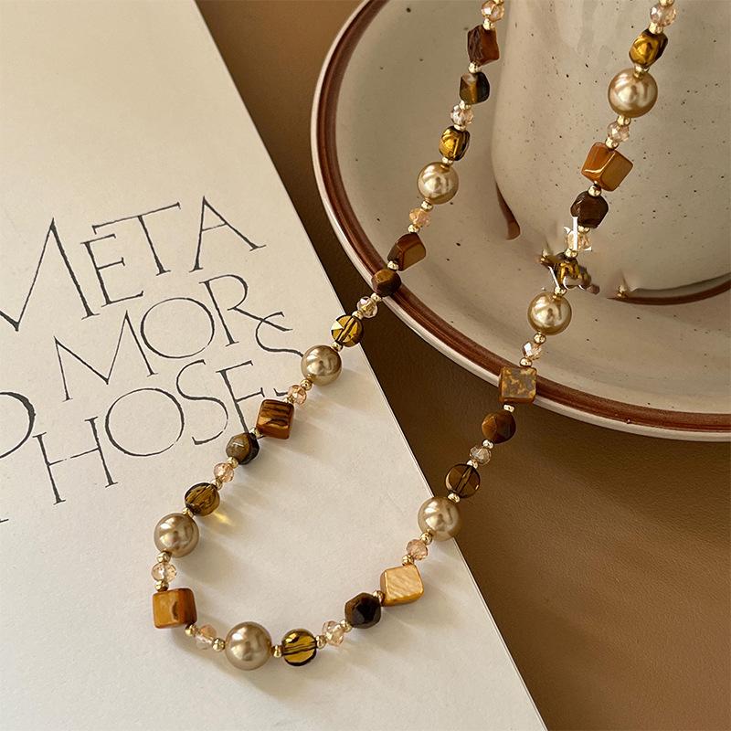 Vintage Braunes Natur Tigerauge Stein Choker Halskette Für Frauen 2025 Neue Trendige Handgefertigte Perlenkette Zirkon Geschenk