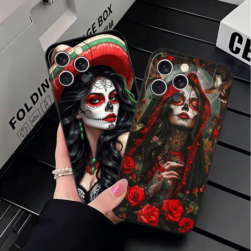 Catrina Beautiful Rose Girl Skull Soft Phone Case for iPhone 16 16E 17 Air 15 Pro Max 14 Plus 13 Mini 11 12 7 Black Cover Back S
