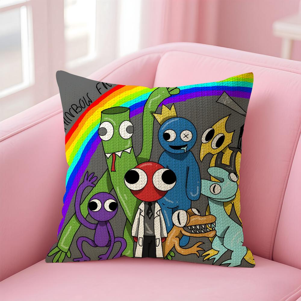 RRainbow FriendsS Cartoon Kissenbezug Natürlicher Leinen Kissenbezug Doppelseitiger Druck Dekorative Sofakissenhülle Heimdekoration Geschenk