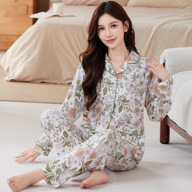Plus Size Floral Pajama Set: Spring & Autumn, Long Sleeve, Comfortable Japanese Style for Middle-Aged Moms, Indoor/Outdoor Wear
