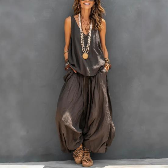Women's Summer Sleeveless 2 Piece Outfit V Neck Top And Wide Leg Pants Set Casual Vacation Matching Lounge Set