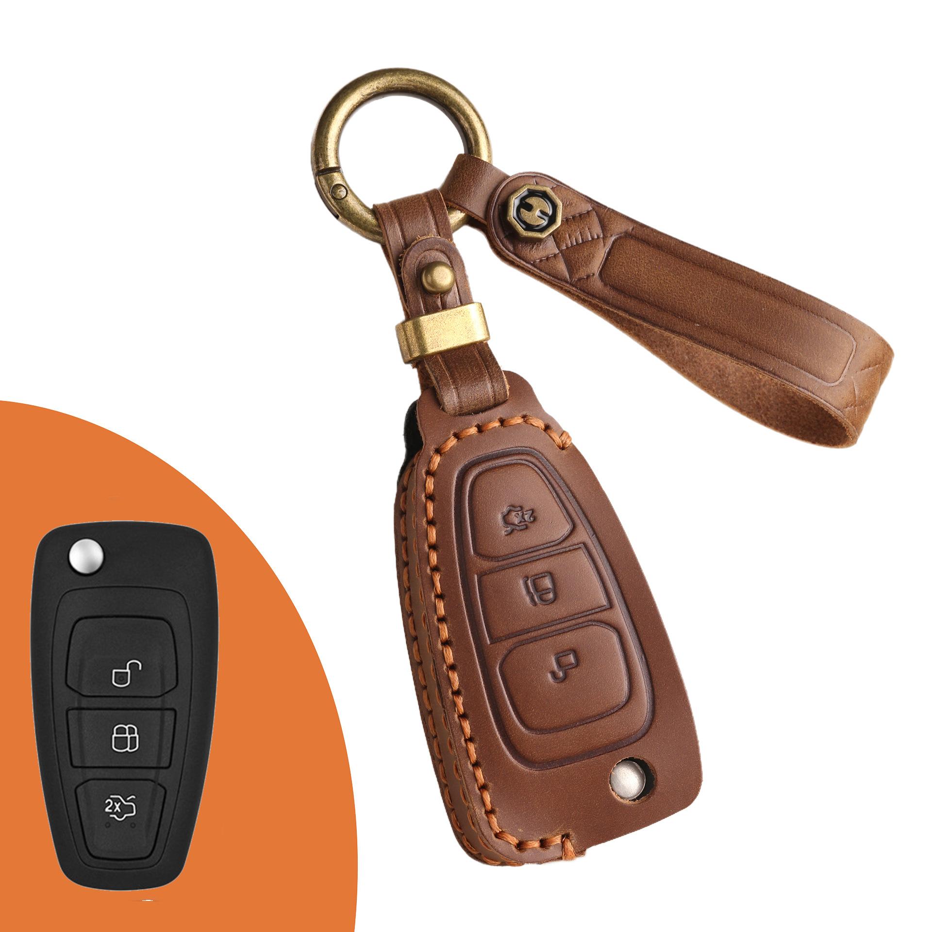 

Suitable for Ford key cover, Focus folding special car key case, hand sewn cowhide keychain protection коричневый