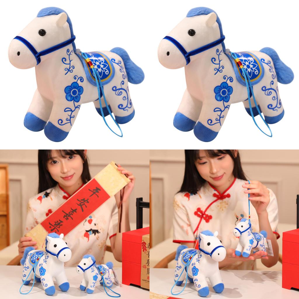 Creative Blue And White Porcelain Pattern Design Small Horse Plush Toy Pendant For Collectors And Gifts