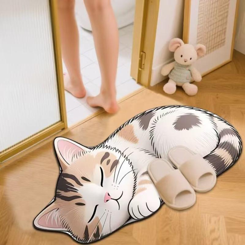 Floor Mat Non-Slip Backing Cat Design Easy Maintenance Versatile Rug Living Room Bathroom Kitchen Home Decor