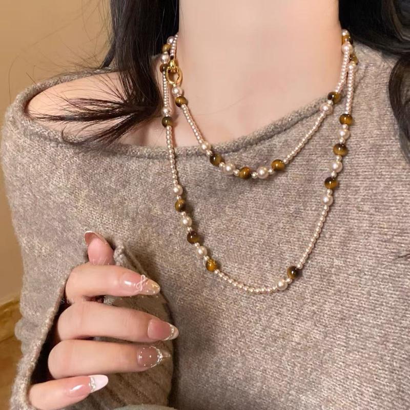 Vintage Maillard Přírodní tygří oko Choker náhrdelník pro ženy Skládané krční korálkové řetízky Šperky Dárek