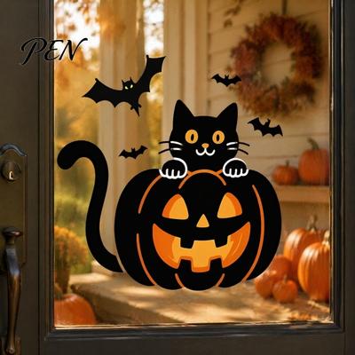 Self Adhesive Halloween Party Decorations Pumpkin Wall Sticker, Black Cat On with Flying Bats Decal, Easy To Apply Seasonal Stickers Waterproof
