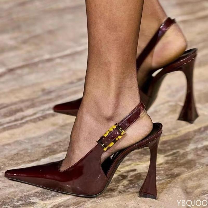 New Women's Baoto Sandals Pointed Back Empty Single Shoe Lacquer Leather Sexy High Heels Black Ladies Slim Heel Shoes Zapatos