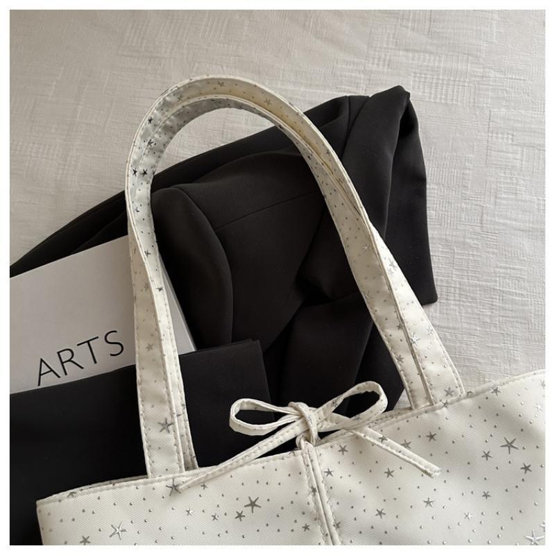 Light Blue Tote Bag With Glitter Star Pattern Bow Decor Multi Pockets For School Shopping Daily Outings Travel