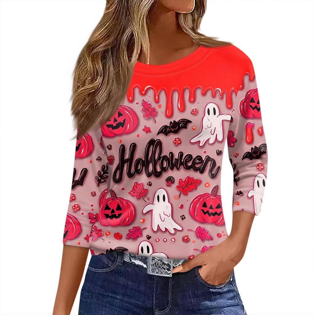 Damen T-Shirt Halloween Print 3/4 Ärmel Alltagsmode Basic Rundhals Reguläres Oberteil