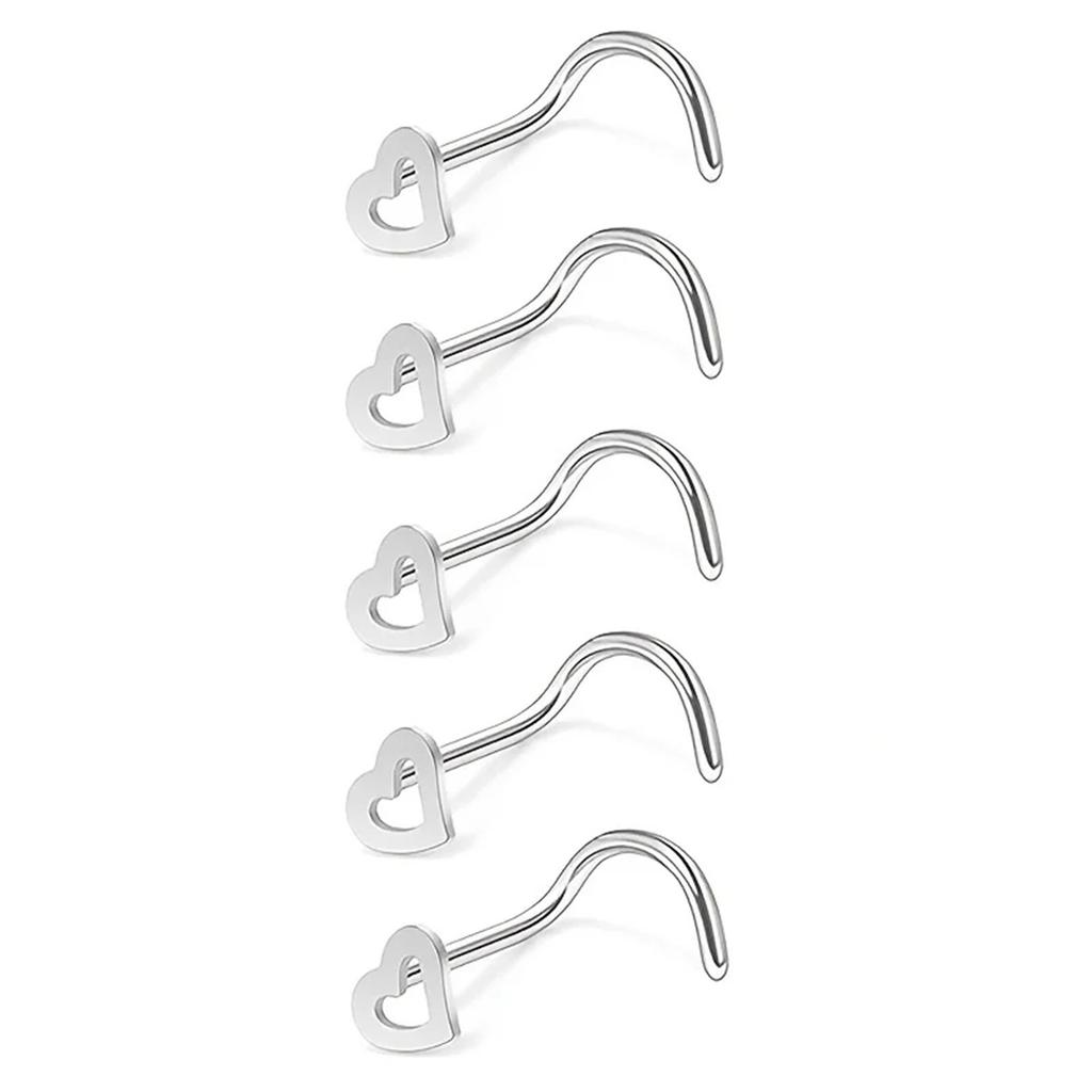 5 Pcs Fashion Hollow Heart Stainless Steel Nose Studs For Women Nostril Piercing Screw Type Body Jewelry