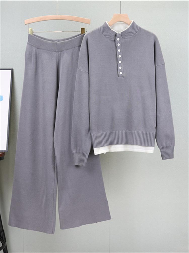 Female Autumn Loose Small Fragrant Style Fake Two-Piece Sweater Set Knitted Wide Leg Pants Two Piece Set