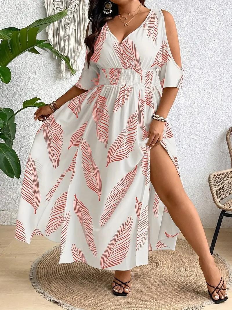 

European and American summer new V-neck printing large-size dress holiday style sexy split beach dress D 0XL розовый
