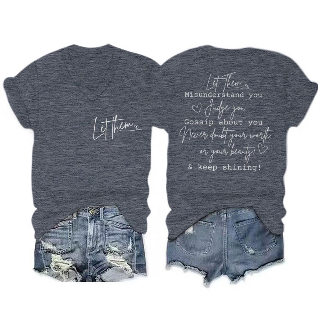 Let Them Letter Print Vneck Short Sleeve Soft Tee Inspirational Quotes Gift for Women Casual Positive Quotes Women Tshirts
