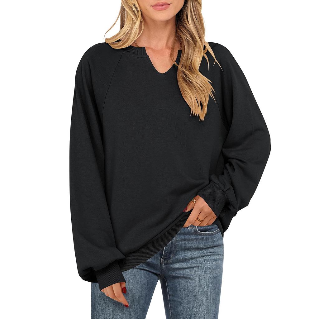 Women's Fashionable Casual Solid Color V-neck Long Sleeved T-Shirt Top Solid Color Sweatshirt