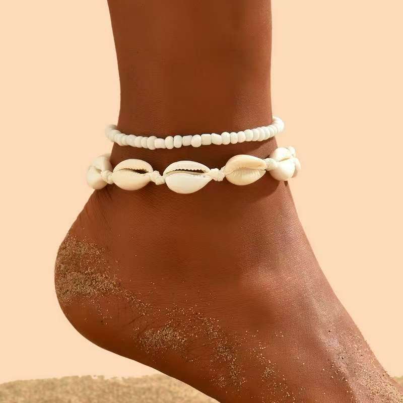 2PCS Summer Beach Anklet Handwoven Adjustable Shell Glass Bead Jewelry For Men Women Stackable Bohemian Vacation Accessories