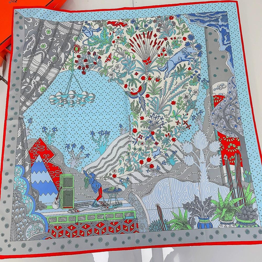 

90см Ручной Ролл Твиловый Шелковый Платок Женский Высококачественный Принт Вид из Окна Квадратные Платки Шали Шелковые Фуляры Головной Хиджаб 90X90CM