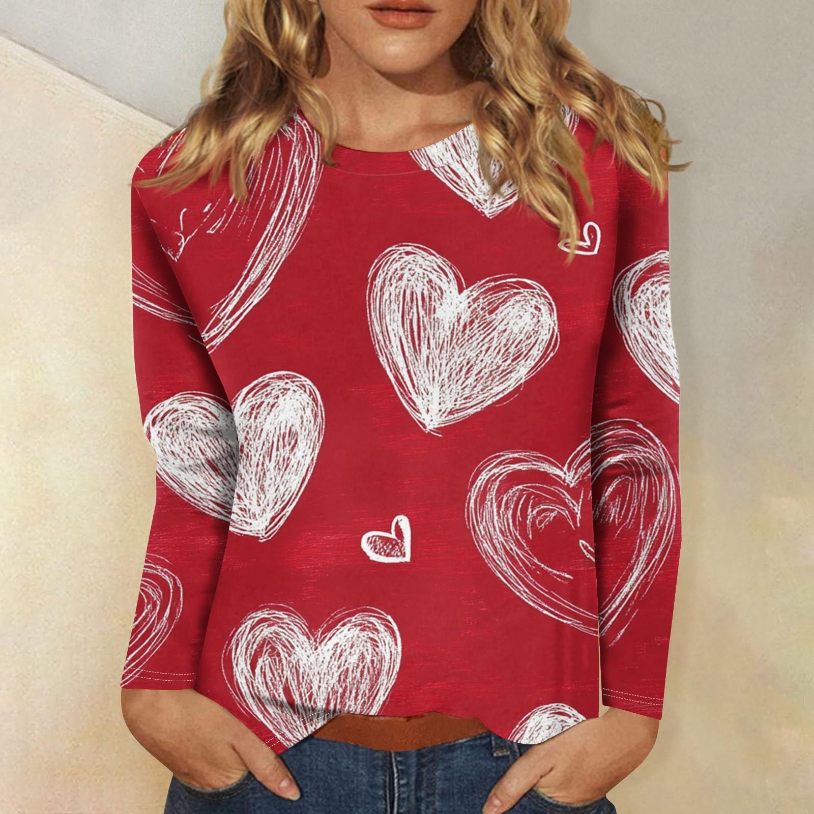 

Женская повседневная мода сексуальный удобный День святого Валентина принтованный круглый вырез длинный рукав топ XXL киноварь