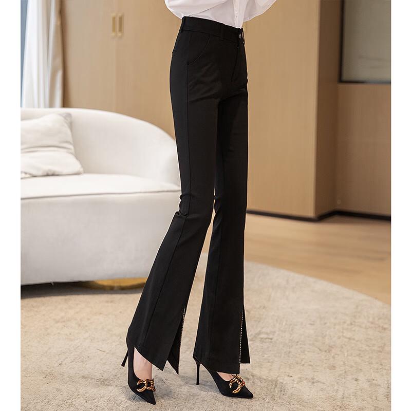 Women's High-Waist Slim-Fit Flared Pants with Rhinestone Split Hem