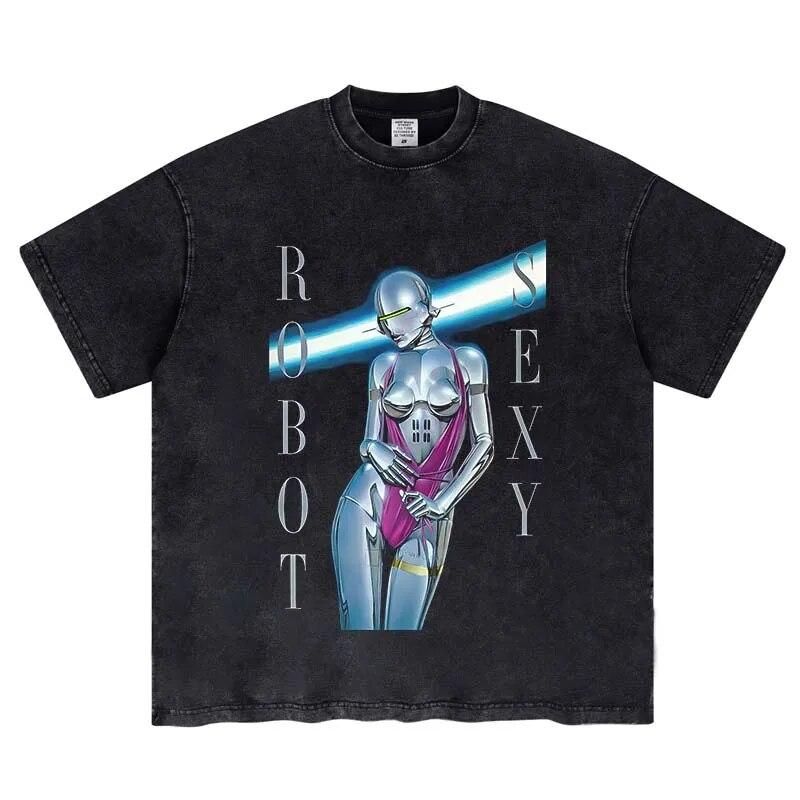 

Vintage Washed Harajuku Oversized Tshirt Cartoon Robot Woman Print T Shirt Men Women Hip Hop Crewneck Short Sleeve Trend Tees