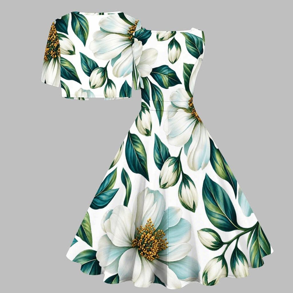 Women Plus Size Two Piece Set Floral Leaf Printed Square Neck Sleeveless Tie Waist Flared Dress With Short Sleeve Cropped Shrug